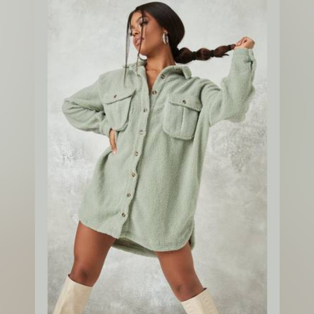 Sage Borg Teddy Oversized Shirt Dress